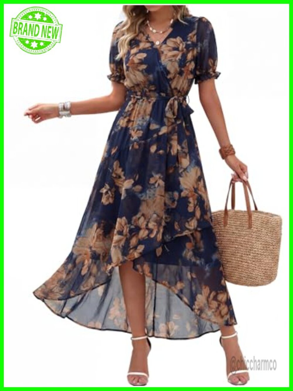 Chiffon Floral Maxi Dress Puff Sleeve Wrap Wedding Guest